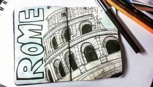 A watercolour and ink painting in a small sketchbook